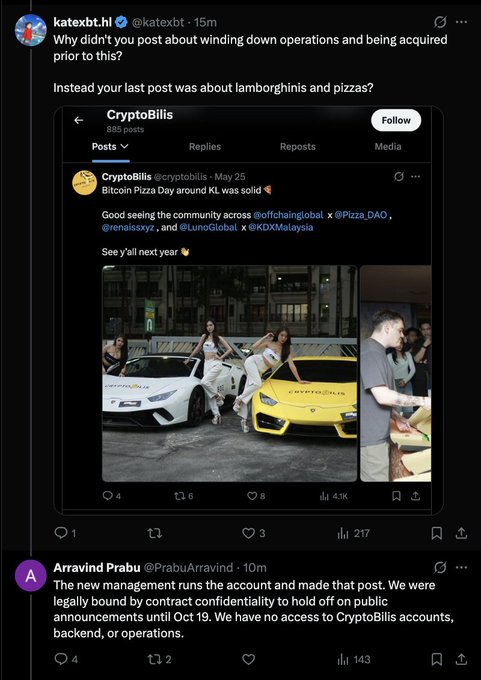 A screenshot of X (Twitter) posts shows @katebxt asking CryptoBilis why they didn't announce being acquired before posting about Lamborghinis and pizza, while @PrabuArravind replies that new management made the previous post and that the original team was bound by contract to withhold the announcement until Oct. 19. The exchange reflects the "dark forest" reality of crypto projects, where insiders hide material events from the public until they have already exited or locked themselves in.
