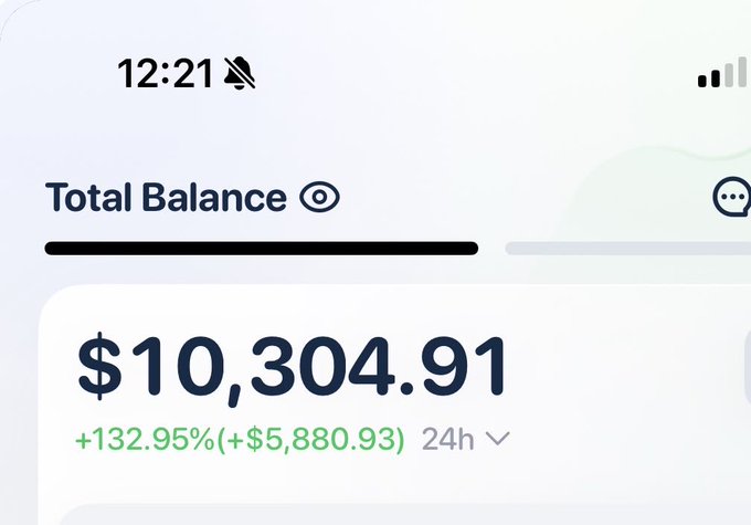 A mobile banking or crypto wallet app showing a Total Balance of $10,304.91 with a 24-hour gain of +132.95% (+$5,880.93), with a muted notification icon at 12:21.