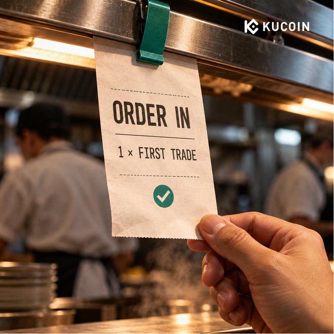 A hand holds a receipt pinned to a kitchen rail reading "ORDER IN — 1 × FIRST TRADE" with a green checkmark, visually echoing the post's call for traders to place their first order as part of KuCoin's Food Day campaign. The restaurant setting reinforces the playful "Food Day" theme tied to the trading promotion offering USDT prizes.