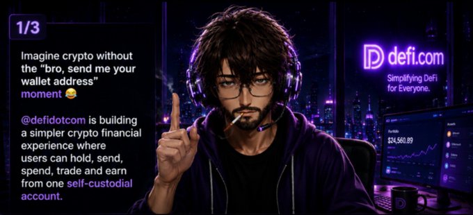 An anime-style illustration shows a man with glasses and a headset pointing upward, alongside text for defi.com describing a 'simpler crypto financial experience' with self-custodial accounts.