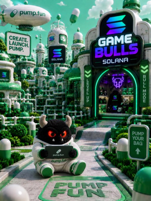 A plush bull mascot in an astronaut suit holds a "pump.fun" tablet in a futuristic green-and-white Solana cityscape featuring signs reading "GAME BULLS SOLANA," "pump.fun," "CREATE. LAUNCH. PUMP.," "SOLANA," and "PUMP YOUR BAG," with "PUMP FUN" painted on the ground—matching the post's vision of Solana's playful, meme-driven future.