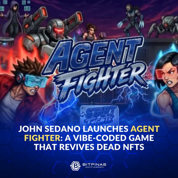 A vibrant promotional graphic for 'AGENT FIGHTER' game featuring illustrated characters and text 'JOHN SEDANO LAUNCHES AGENT FIGHTER: A VIBE-CODED GAME THAT REVIVES DEAD NFTS' with BitPinas branding.