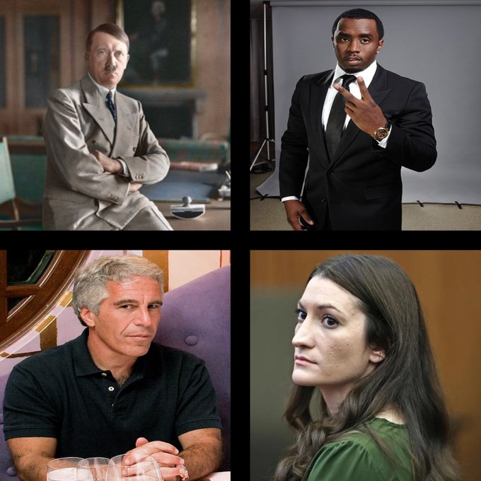 A four-panel composite image showing, clockwise from top-left: Adolf Hitler in a gray suit, Sean 'Diddy' Combs in a black suit making a hand gesture, a woman in a green top in a courtroom setting, and Jeffrey Epstein in a dark polo shirt.