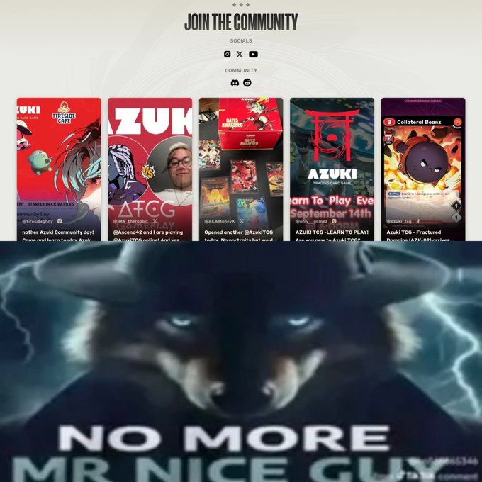 A 'Join the Community' social media banner featuring various Azuki-related posts and cards above a blurred image with text reading 'NO MORE MR NICE GUY'.