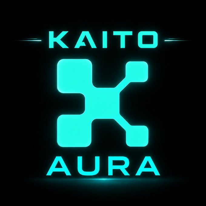 A glowing cyan logo on a black background featuring the text 'KAITO AURA' surrounding a stylized geometric icon resembling interconnected nodes or squares.