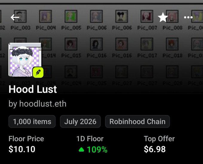 A digital NFT marketplace listing for "Hood Lust" by hoodlust.eth, showing 1,000 items on Robinhood Chain, with a Floor Price of $10.10 (up 109%) and a Top Offer of $6.98.