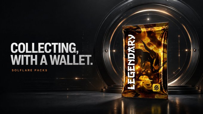 A promotional banner reads 'COLLECTING, WITH A WALLET.' and 'SOLFLARE PACKS' next to a glowing gold pack labeled 'LEGENDARY'.