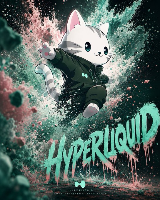 A dynamic anime-style illustration features a white cat mascot in a dark hoodie leaping forward through splashes of teal and pink paint, with the bold graffiti text "HYPERLIQUID" and tagline "MOVE DIFFERENT, STAY FLUID" displayed below. The image visually reinforces the post's declaration of full commitment to Hyperliquid, using the energetic, fluid paint aesthetic and confident pose to symbolize enthusiastic support for the crypto project.