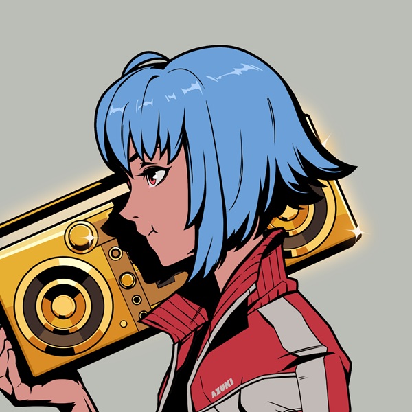An anime-style character with blue hair carries a glowing golden boombox over her shoulder, with "AKUKI" visible on her red jacket. The vibrant artwork, tied to the Azuki TCG community celebrating the launch of "Gates Awakened," reflects the energetic and stylized aesthetic of the brand's expanding universe.