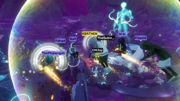 A vibrant purple sci-fi or fantasy scene featuring several characters with name labels like 'Fahad,' 'ThePharaoh,' 'TheBubbles,' 'CMO,' and 'TheGoon,' with a glowing blue figure in the center.