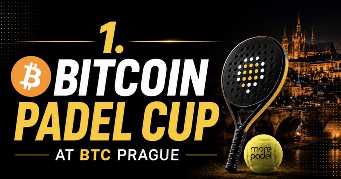 The image features an advertisement for a Bitcoin Padel Cup event taking place at BtcPrague, Czech Republic. The poster includes a tennis racket and ball, suggesting that the event might involve some form of sports competition or demonstration related to Bitcoin technology.