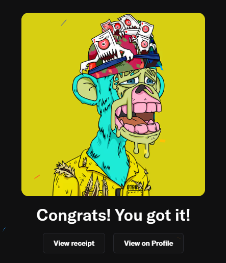 A cartoon-style Mutant Ape Yacht Club character with cyan fur, a toothy grin, and a hat full of eyeballs is displayed against a bright yellow background, with the text "Congrats! You got it!" celebrating the user's purchase of MAYC #21970 from BAYC.