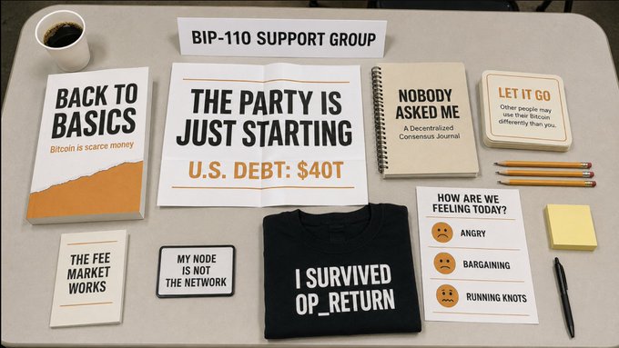 Bitcoin/crypto-themed merchandise display on a table, including pamphlets ('BACK TO BASICS: Bitcoin is scarce money', 'THE FEE MARKET WORKS', 'MY NODE IS NOT THE NETWORK'), a t-shirt ('I SURVIVED OP_RETURN'), a 'BIP-110 SUPPORT GROUP' sign, a sign saying 'THE PARTY IS JUST STARTING U.S. DEBT: $40T', a 'NOBODY ASKED ME' journal, a 'LET IT GO' notepad, and a 'HOW ARE WE FEELING TODAY?' chart with stages like 'RUNNING KNOTS'.