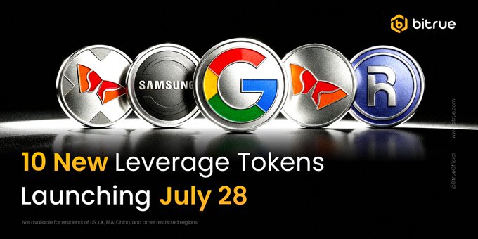 Bitrue is teasing the upcoming launch of 10 new leveraged stock tokens on July 28, featuring companies like SK Hynix ($SKHYNIX) and Google ($GOOGL), as visually represented by their logos on coin-shaped tokens in the promotional image.