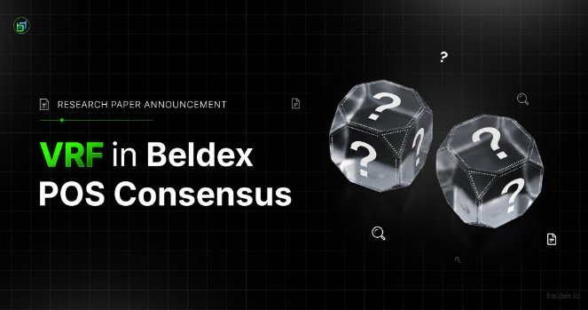 A dark promotional graphic for Beldex announcing a 'RESEARCH PAPER ANNOUNCEMENT' titled 'VRF in Beldex POS Consensus,' featuring two translucent 3D dice with question marks.