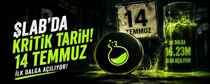 A promotional graphic in Turkish announcing "$LAB'DA KRİTİK TARİH! 14 TEMMUZ - İLK DALGA AÇILIYOR!" (Critical Date in $LAB! July 14 - First Wave Opens!) alongside a calendar page showing "14 TEMMUZ" and a beaker with text reading "İLK DALGA 16.23M $LAB AÇILIYOR" (First Wave: 16.23M $LAB Opening).
