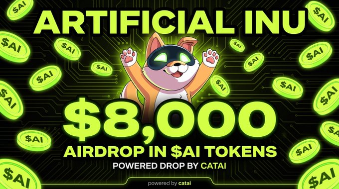 A promotional graphic featuring a Shiba Inu wearing a black mask against a circuit-board background, advertising an "$8,000 AIRDROP IN $AI TOKENS" giveaway for "ARTIFICIAL INU," powered by catai. The image highlights the $AI token airdrop mentioned in the accompanying tweet requesting Solana wallets from participants.