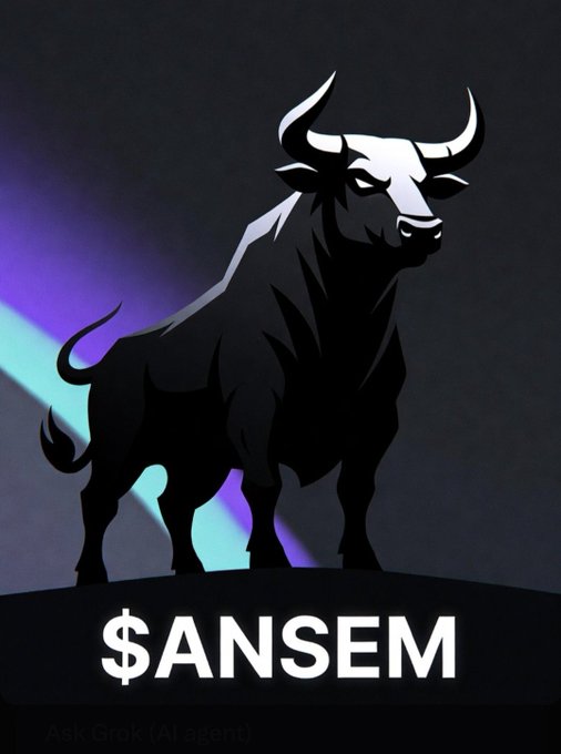 A stylized digital illustration of a black bull with white horns against a dark purple background with cyan light rays, labeled '$ANSEM' at the bottom.