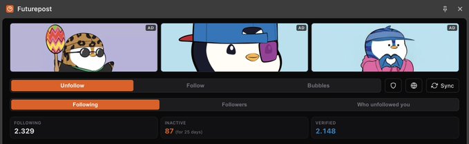 Futurepost app interface showing a Twitter/X analytics dashboard with Follow/Following stats (2,329 following, 57 inactive, 2,148 verified) and three NFT penguin profile pictures displayed.