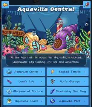 The image shows an advertisement for a strategy video game called "@AquariumQuestCo". It features illustrations of fish in a large ocean undersea city, with two houses and a lighthouse prominently displayed among them. In one part of the advertisement, text states that the game is free to play, offering various options such as playing at home or on the go using a phone.