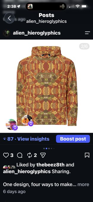 The image shows an Instagram post by "alien_hieroglyphics" featuring a vibrant, psychedelic hoodie with intricate geometric patterns in red, yellow, and green hues, displayed as the second slide of a carousel (2/6). The post caption discusses the user's artwork and desire to bridge their Web3/NFT success into the EDM community, while the image showcases their apparel design aesthetic.

The hoodie features bold, kaleidoscopic patterns reminiscent of festival/EDM visuals, suggesting a visual link between the user's psychedelic art style and the target electronic music audience mentioned in the caption.