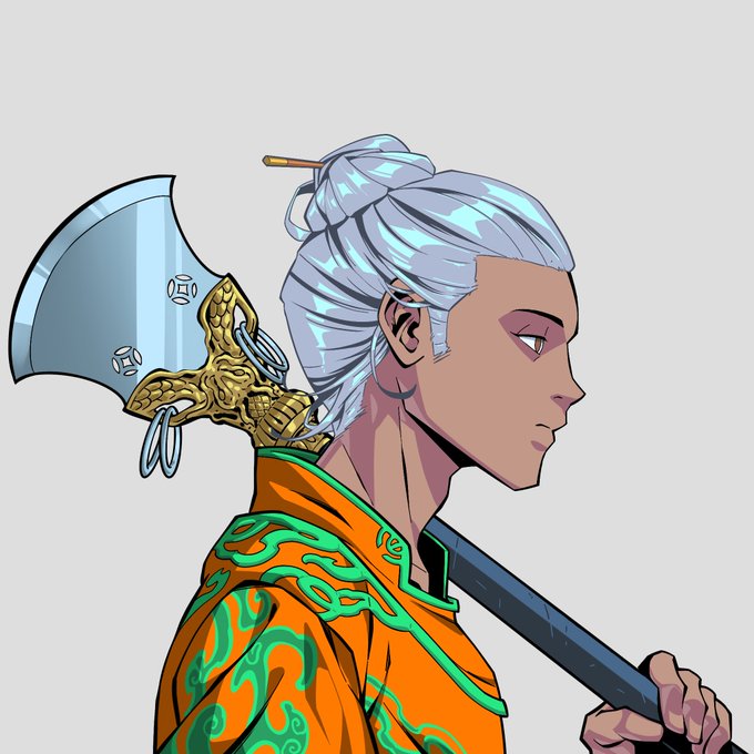 Cel-shaded illustration of a character with silver hair in a topknot wearing an orange and green patterned garment, carrying a large ornate axe-bladed weapon over their shoulder.