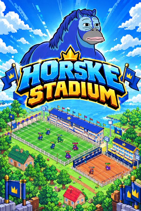 A vibrant promotional image for "HORSKE STADIUM" featuring a large blue horse head logo above an illustrated stadium scene with characters playing sports.