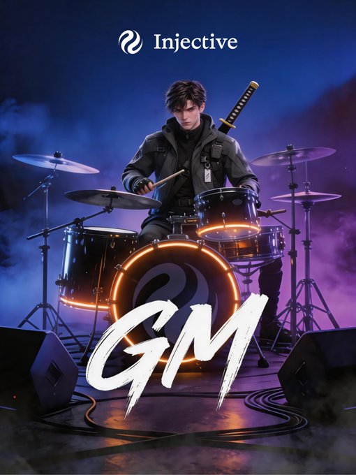 A young man with a sword strapped to his back plays a glowing drum set on stage, with the "Injective" logo at the top and "GM" in bold white text across the front of the bass drum. The dramatic, neon-lit scene visualizes the post's energetic call to "GM ninjas," symbolizing an exciting new weekend of upcoming launches and opportunities on Injective.