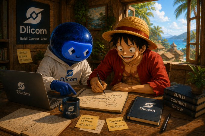 A digitally illustrated scene of a blue, rounded character and the anime character Luffy collaborating at a wooden desk with a laptop, notebook, and sticky notes, branded with "Dlicom - Build | Connect | Grow".