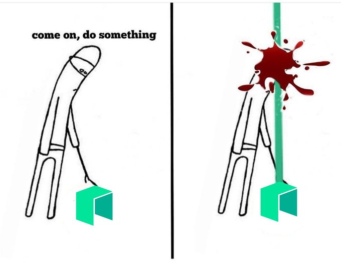 A two-panel meme showing a stick figure holding a green cube with text 'come on, do something' on the left, and the same figure being crushed by a blood-splattered green cube on the right.