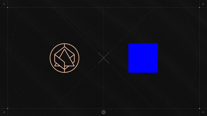 A minimalist black design featuring a circular geometric logo on the left and a solid blue square on the right.