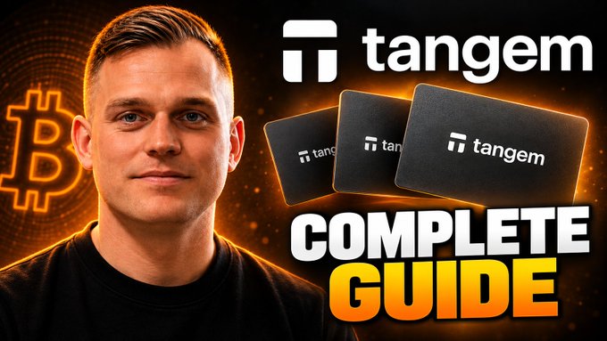 A YouTube thumbnail featuring a man in a black shirt alongside the "tangem" logo, three Tangem branded cards, and "COMPLETE GUIDE" text with a Bitcoin symbol.