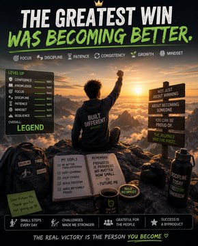Motivational graphic titled 'THE GREATEST WIN WAS BECOMING BETTER' showing a person at a mountain summit with skill bars for focus, discipline, patience, consistency, growth, and mindset.
