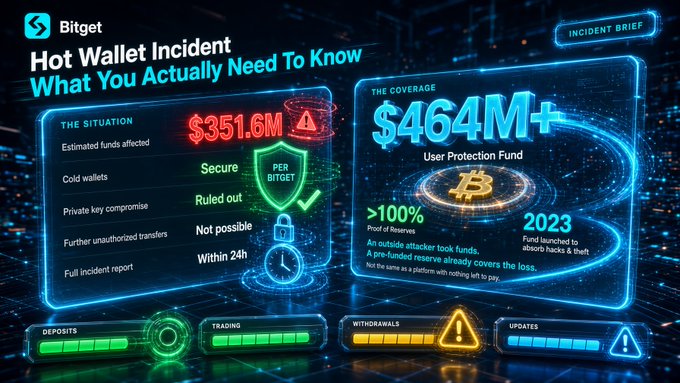 A Bitget incident brief infographic about a "Hot Wallet Incident" showing estimated funds affected at $351.6M with "Secure" status, and a User Protection Fund coverage of $464M+, noting the fund launched in 2023.
