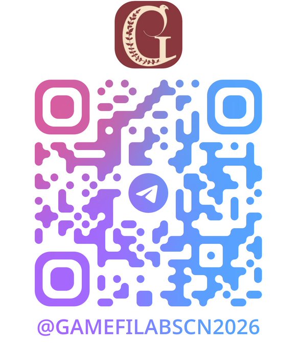 A colorful purple-to-blue gradient QR code with a Telegram logo in the center is displayed beneath a dark red 'GL' emblem, with the handle '@GAMEFILABSCN2026' written below.