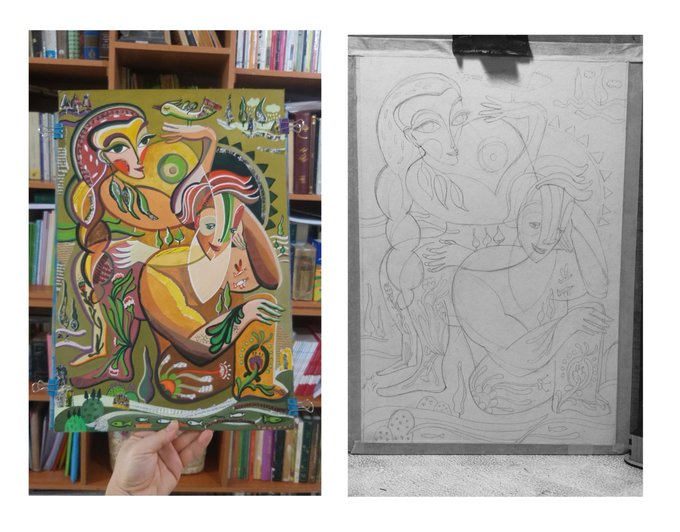 The image shows a side-by-side comparison of an artwork's progress, with a finished colorful painting on the left featuring stylized figures on an olive-green background, alongside the initial pencil sketch on the right depicting the same composition in outline form. This visual "start to finish" display illustrates the artistic journey from initial concept to completed piece, credited to @FlyingBeagle_.