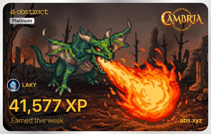 An abstract Platinum NFT rewards card showing 41,577 XP earned this week by user LAKY, featuring a pixel art dragon breathing fire and Cambria branding.