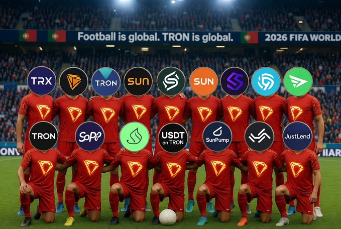 The image features a group of soccer players posing for a photo with their heads cut off from view. The players are wearing red jerseys and have logos or emblems on them, indicating that they belong to different teams. In front of the players is a banner displaying various logos such as "TRON", "SAP", "USST", "SunPump", "JustLand", and "Of course I'm backing the best team out there". The image also includes text that reads "Football is global, TRON is global. TRON is global. JustLand, SunPump, SAP, USST, and Of course I'm backing the best team out there" which further emphasizes the theme of the post.