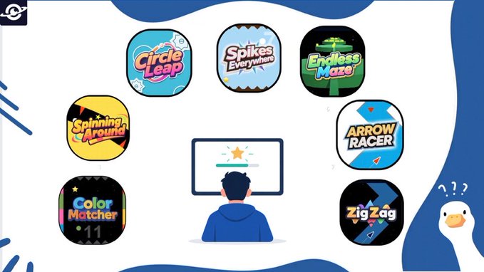 A promotional graphic showcases multiple mobile games including Circle Leap, Spikes Everywhere, Endless Maze, Spinning Around, Arrow Racer, Color Matcher, and ZigZag, with a person viewing them on a computer.