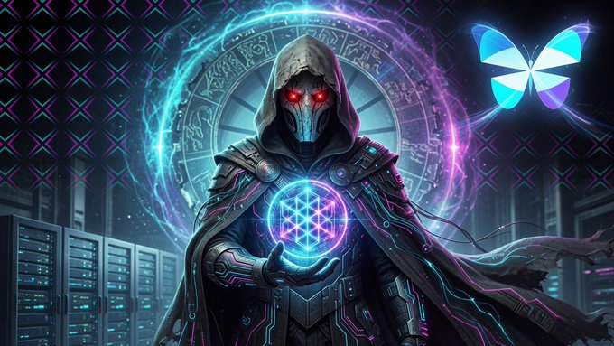 A dark fantasy digital artwork depicts a hooded cyborg figure with glowing red eyes holding a glowing geometric orb, set against a neon blue and purple background with a butterfly-shaped logo in the upper right corner.
