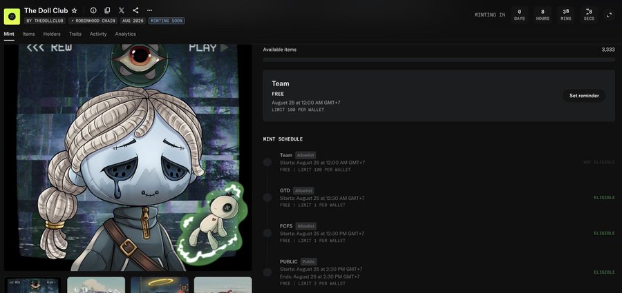 A screenshot of "The Doll Club" NFT collection page on Magic Eden, showing a minting countdown of 8 days, 38 hours, 26 minutes until availability on August 25, 2025. The featured artwork displays a melancholic blue-skinned character with braided hair and a teardrop, accompanied by a small floating creature, with mint schedules listed for Team, GTD, FCFS, and Public phases.