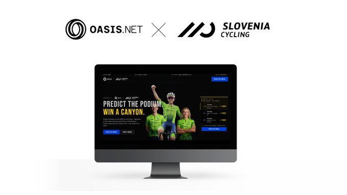 The image shows a partnership announcement between Oasis.net and Slovenia Cycling, featuring a computer monitor displaying a "Predict the Podium, Win a Canyon" prediction game website with cyclists in green jerseys. The promo ties into the post's message about Oasis Protocol's collaboration with the Slovenian Cycling Federation for a cycling prediction game with prizes like Canyon bikes.
