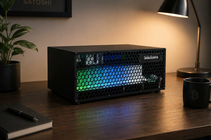 A Bitcoin mining rig labeled 'BitAxeScience' with colorful RGB lighting sits on a wooden desk next to a black Bitcoin-themed mug, a notebook with a pen, a plant, and a desk lamp.