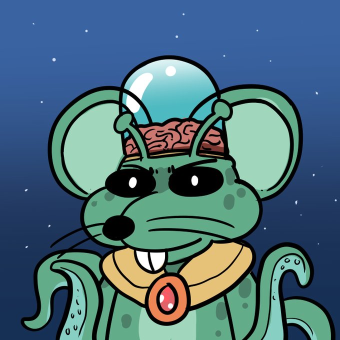 A cartoon green mouse wearing a space helmet and a gold necklace with a red gem, set against a starry night sky, accompanies a "gm cheez" post welcoming the first 111 holders to an exclusive community.