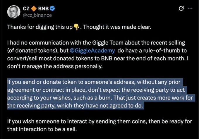 A tweet from CZ BNB (@cz_binance) explaining that donated tokens may be converted to BNB, warning that sending tokens without prior agreement does not obligate the receiver to hold them as a burn.
