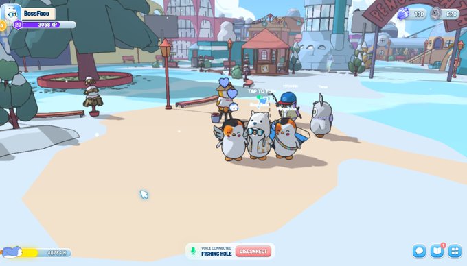 A gameplay screenshot of an idle/management game showing penguin characters in a snowy town, with a 'BossFace' health bar at 3058 XP and a 'FISHING HOLE' connected status.