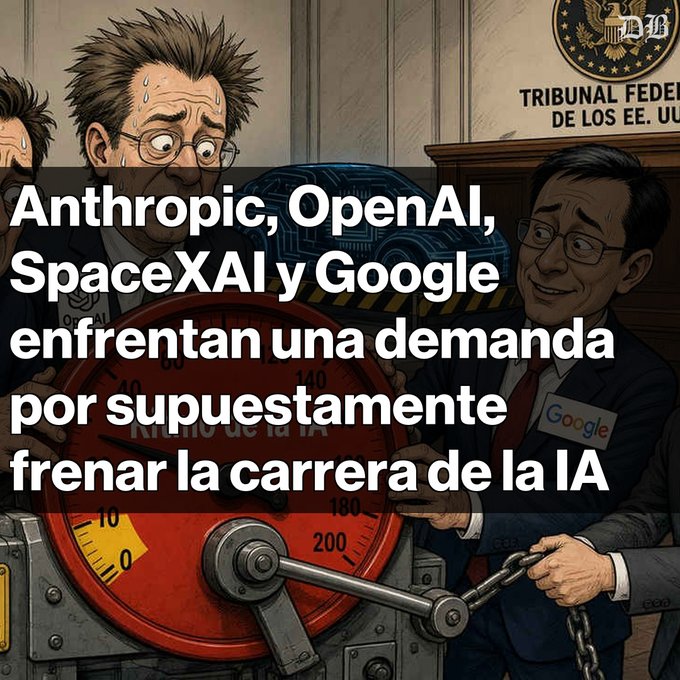 A Spanish-language satirical image with text reading 'Anthropic, OpenAI, SpaceXAI y Google enfrentan una demanda por supuestamente frenar la carrera de la IA', depicting cartoon executives and a speedometer-like gauge.