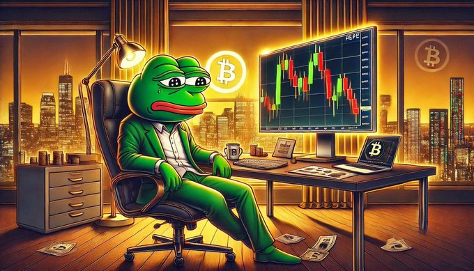 An AI-generated image of the Pepe the Frog meme character dressed in a green suit, sitting at a desk with Bitcoin-themed cryptocurrency trading charts on monitors.