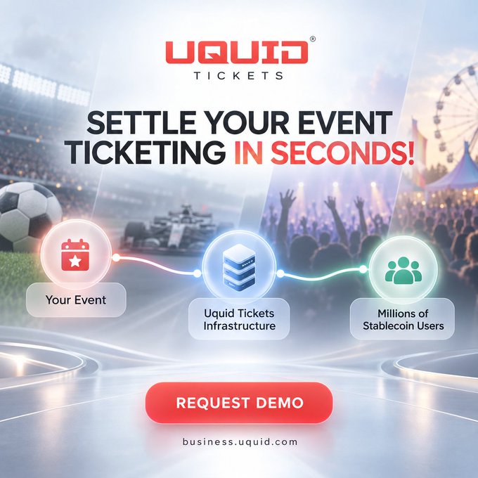 An advertisement for 'UQUID TICKETS' with the headline 'SETTLE YOUR EVENT TICKETING IN SECONDS!' showing icons for events, infrastructure, and millions of users, with a 'REQUEST DEMO' button and URL business.uquid.com.