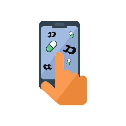 An illustration of an orange cartoon hand tapping a smartphone screen displaying pill-shaped icons.